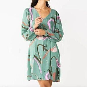 NINE WEST Knot Back Long Sleeve Dress Green Geometric Swirl Tie Bow Short Mini L